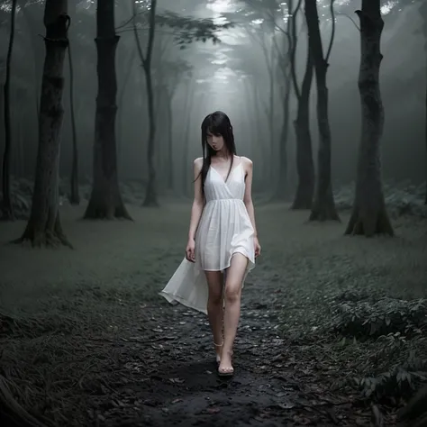 asian girl , wearing white dress , long messy hair ,,  walking through the forest , gloomy background , smokey ground ,, bats flying around , dark vibes ,