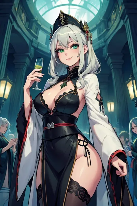 a young silver haired woman with green eyes with an hourglass figure in a Gothic converative and traditional kimono is smiling at a festival in the underworld