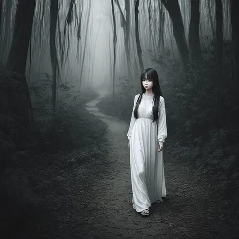 asian girl , wearing white long dress , long messy hair ,,  walking through the forest , gloomy background , smokey ground ,, bats flying around , dark vibes , 