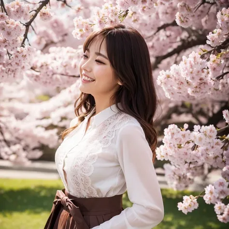 The eyes of a young and beautiful Japanese woman in the sex industry smiling while looking at the cherry blossoms in full bloom. Focal length 100mmf/2.8, spring daytime, sunny, park with cherry blossoms in full bloom and lawn, well-shaped face, long hair, ...