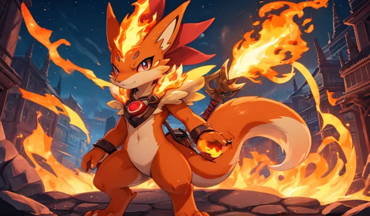 a close up of a cartoon character with a fire like body, fire type, full body portrait of a zentaur, glamorous angewoman digimon, similar to pokemon, buizel and human fusion, species fusion, kobold, anthro gecko, fire!! full body, the fox-like evolution po...