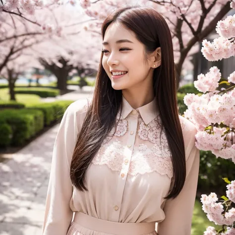 The eyes of a young and beautiful Japanese woman in the sex industry smiling while looking at the cherry blossoms in full bloom. Focal length 100mmf/2.8, spring daytime, sunny, park with cherry blossoms in full bloom and lawn, well-shaped face, long hair, ...