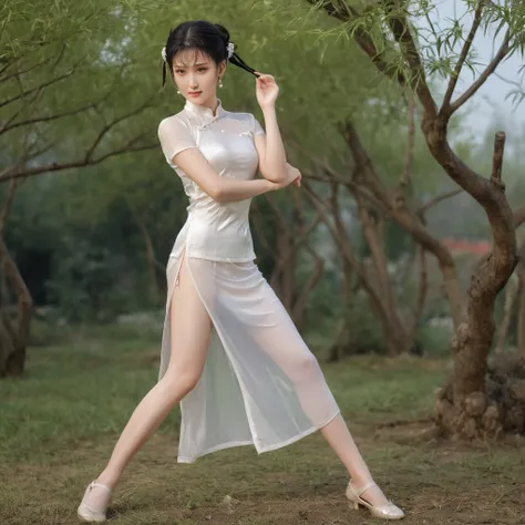 raw photo, realistic, chunli wears thin wet transparent white qipao, light smile, (extreme detailed face, detailed skin), slim body, tight waist, thin thighs, thin legs, huge round breasts, pearl earrings, double hair bun, silk bandeau, thin wet stockings,...