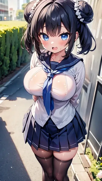 highest quality,wonderful,finely,extremely detailed CG Unity 8K wallpaper, (1 girl,black hair, blue eyes,double bun), (hube breast:1.2), (sailor uniform:1.1), (open mouth:1.2), (long tongue:1.2), (mouth drool:1.2), (black stockings:1.1),(Thighs),(constrict...