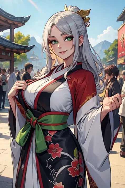 a young silver haired woman with green eyes with an hourglass figure in a pretty  traditional kimono is smiling at a festival in the underworld