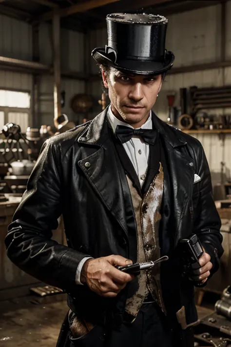 Draw a mechanic with grease on his face, wearing a top hat, and holding a cell phone in his hand. He should be standing straight, with a determined expression on his face, as if he were solving a complex mechanical problem. The background should show a mec...