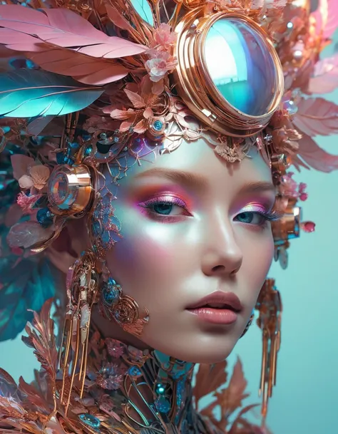 a close up of a persons face android jones and chris dyer, beeple and jeremiah ketner, android jones and rhads, inspired by Android Jones, archan nair, iridescent fractal headdress, well-designed digital art, mind-bending digital art, well - designed digit...