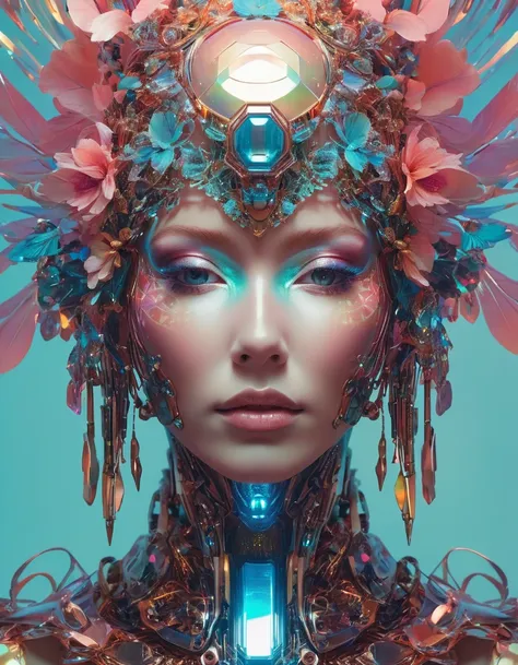 a close up of a persons face android jones and chris dyer, beeple and jeremiah ketner, android jones and rhads, inspired by Android Jones, archan nair, iridescent fractal headdress, well-designed digital art, mind-bending digital art, well - designed digit...