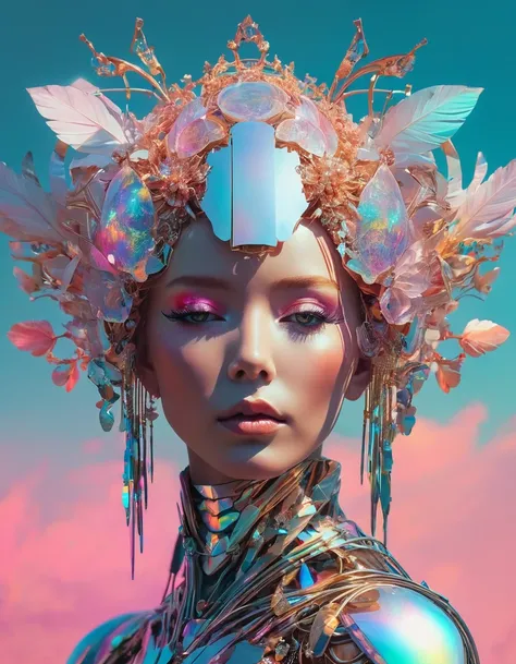 a close up of a persons face android jones and chris dyer, beeple and jeremiah ketner, android jones and rhads, inspired by Android Jones, archan nair, iridescent fractal headdress, well-designed digital art, mind-bending digital art, well - designed digit...