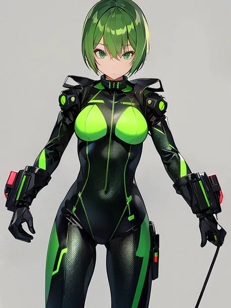 girl　cyborg　slender　Green bodysuit　