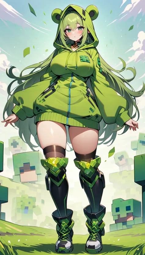 minecraft Creeper green hoodie Super big breasts grassland personification full-body shot