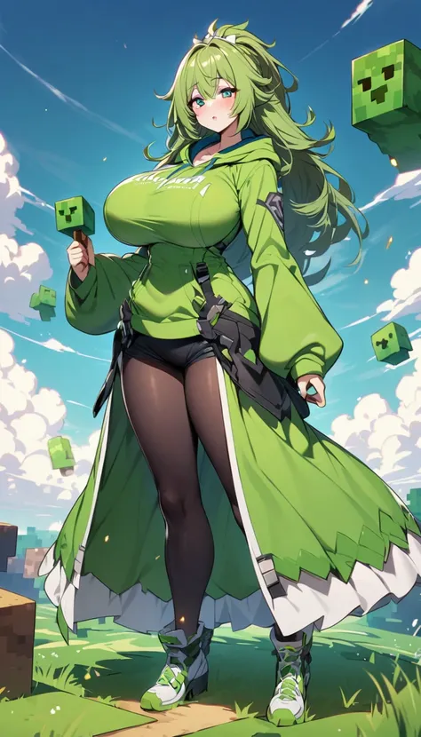 minecraft Creeper green hoodie Super big breasts grassland personification full-body shot