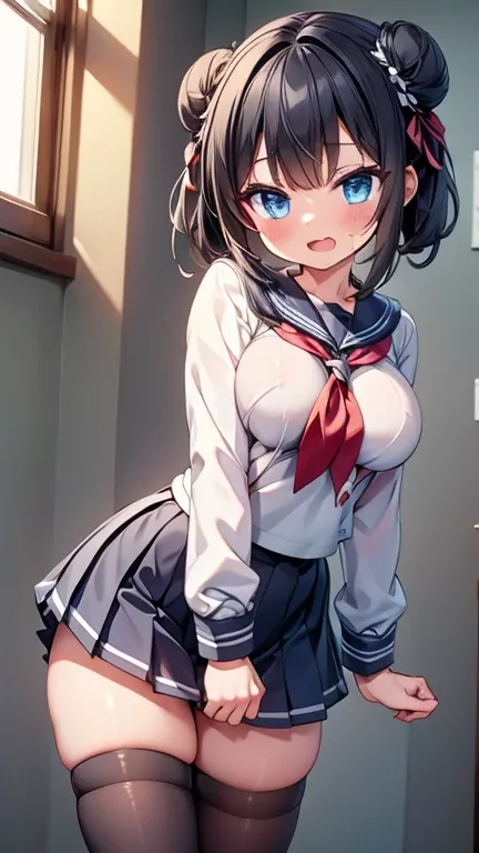 highest quality,wonderful,finely,extremely detailed CG Unity 8K wallpaper, (1 girl,black hair, blue eyes,double bun), (medium breast:1.2), (sailor uniform:1.1), (open mouth:1.2), (long tongue:1.2), (mouth drool:1.2), (black stockings:1.1),(Thighs),(constri...