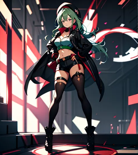 ubel,dark green hair,long hair,side ponytail,hair between eyes,bangs, BREAK (beret, black jacket, open clothes, cleavage, midriff, black shorts, black thighhighs, thigh strap, fingerless gloves, single glove:1.2) BREAK blurry background, BREAK pose, hand o...