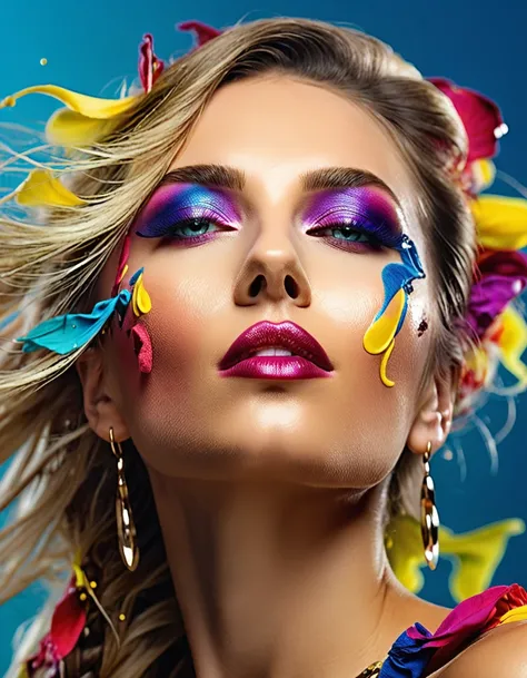 photorealistic fashion cover photo, side view of a beautiful ukrainian woman, with beautiful and colorful makeup, splash colors, studiolight, realistic, beauty, 8k, UHD --s 250 --style raw --v 6.0