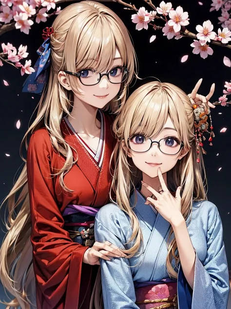 20 year old female、shiny hair quality、Beautiful Blonde Hair、super long hair、Shaggy Hair、Glasses、Glasses美人、cherry blossoms、Cherry-blossom viewing、kimono、kimono、Traditional Japanese Clothing、cute、smile、Perfect skeleton