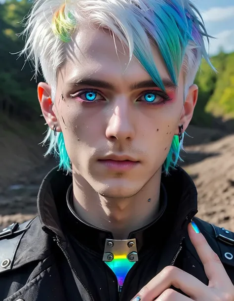 Cyberpunk man, young man, manga, detailed writing, light blue and black clothes, mechanical collar, mechanical collar, rainbow prisms on white hair, thin rainbow colored tips, sharp nails, oversized, rainbow colored eyes, light and dark, contrast, prism, l...