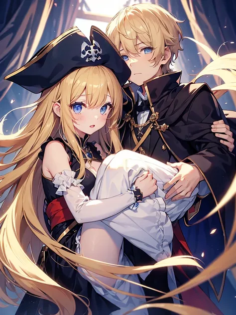 (1girl, 1boy), (princess carry:1.4), ballgown, hug,
BREAK
1girl, princess, blonde hair, long hair, blue eyes, small breasts, beautiful eyes, tiara, happy,
BREAK
1boy, pirates, cloak、
Break,
Holding on mast