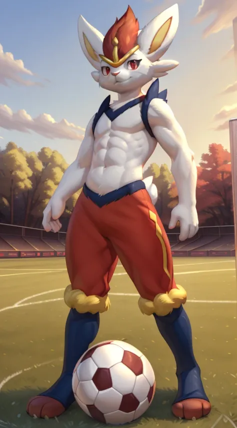 cinderace, red eyes, (posing:1.3), (soft shading), 4k, hi res, five fingers, detailed hands, ((detailed face, (detailed eyes:1.0), detailed)), by zackarry911, by zaush, (by personalami:0.5), soccer field, grass, soccer ball, rabbit tail, abs