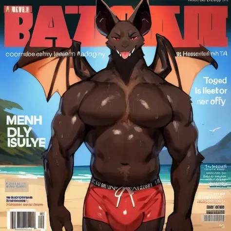 (masterpiece, best quality, detailed, 4k), solo, male (((vampire bat))), ((anthro anatomy)), ((furry anatomy)), (((magazine cover))), beach, ((mature)), well-aged, daddy, loaded from e621, by bebebebebe, by zackary911, thick neck, glistening fur, sweaty, f...