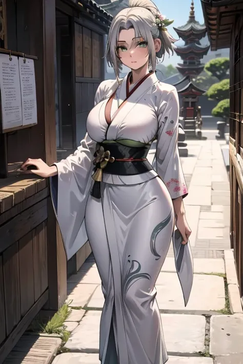 a young silver haired woman with green eyes with an hourglass figure in a conservative traditional kimono is exploring the temple during a festival
