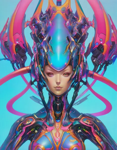 a picture of a person with a weird  hybrid robotic 🦾 alien 👽 female 👧 head piece, hiroyuki takahashi color scheme, cgsociety - w...