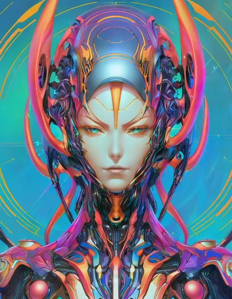 a picture of a person with a weird  hybrid robotic 🦾 alien 👽 female 👧 head piece, hiroyuki takahashi color scheme, cgsociety - w...