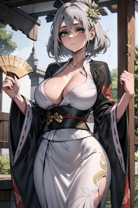 a young silver haired woman with green eyes with an hourglass figure in a conservative traditional kimono is looking at fans