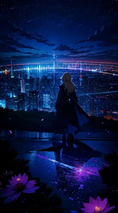 １people々,Blonde long hair woman，long coat， Dress Silhouette， Rear view，space sky, comet, anime style, dancing petals，Night view of the city from the mountainside，