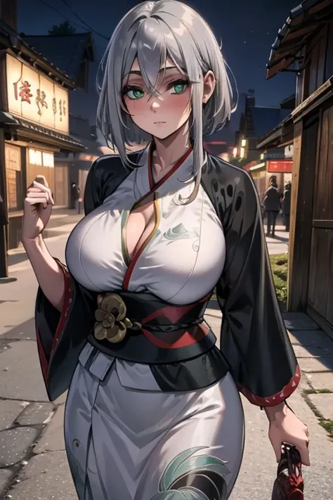 a young silver haired woman with green eyes with an hourglass figure in a conservative traditional kimono is exploring at the festival at night