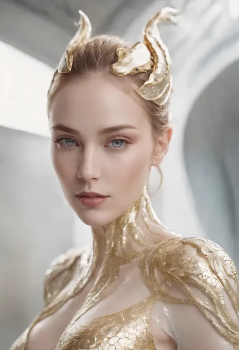 A full-body portrait
 as a stunning cyborg serpent-humanoid transparent glass material woman only white and gold, Her eyes are almond-shaped and mesmerizing, with irises that shimmer like pools of liquid gold, her form constructed ofl, transparent glass ma...