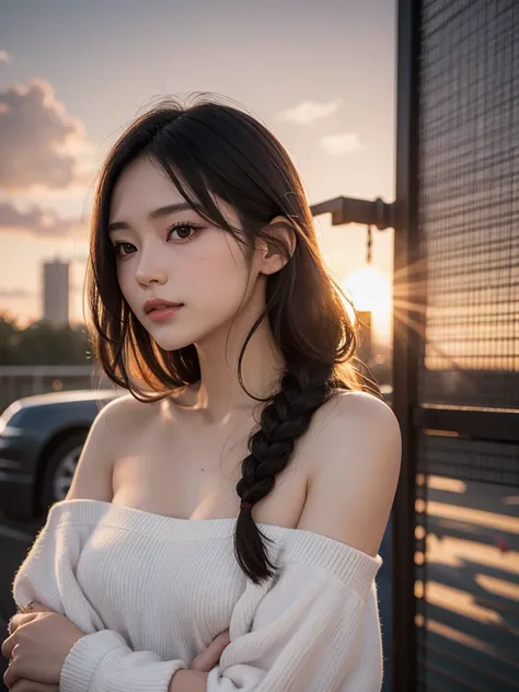 (Highest image quality, 8K,32K,Masterpiece, UHD:1.2),Raw photo,(real:1.4),cinematic lighting,(sunset:1.5),european cityscape,leaning against the wall、1 woman,20 year old beauty,beautiful japanese woman,slim abs,beautiful breasts,sweaty chest,erect nipples,...