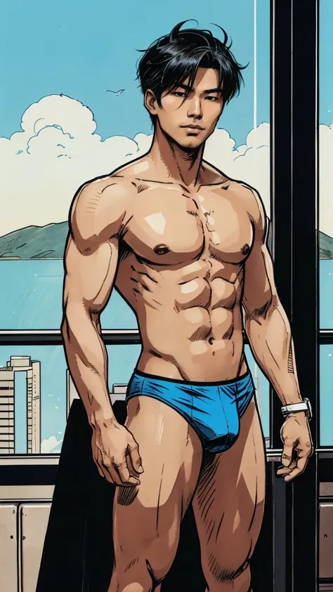 Asian Korean Young 20 Years Old Men Curtain Hairstyle Inspered from Leon S Cenedy, Only wearing a Blue Pastle Bikini Underwear, full body portrait, standing aesthetic pose 3/4, Masculine pose, Showercore vibes, Asian Manga Comic Artstyle 2D