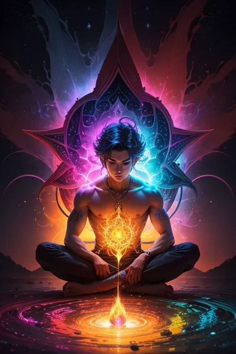 a colorslashh explosion of colors, Too realistic ,liquid,young man sitting in lotus position, complicated things around, complex background, Spirit, divine, dreamlike, cosmic, Mind blowing,  deity, pineal gland, dream like,