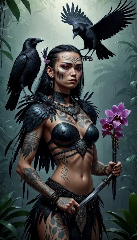 digital painting, Realistic full body shot of girl warrior tattooed, crow deity with two arms and a crow Head, holding long knife, long spear, orchids, power and a begging bowl in her hands. She has a crow Head, powerful, feathers, dressed in tribal tattoo...