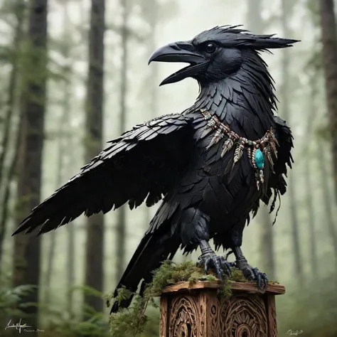 crow-shaped native american totem, hyper-detailed woodwork, adorned with feathers, beads, flock of black crows soaring above den...