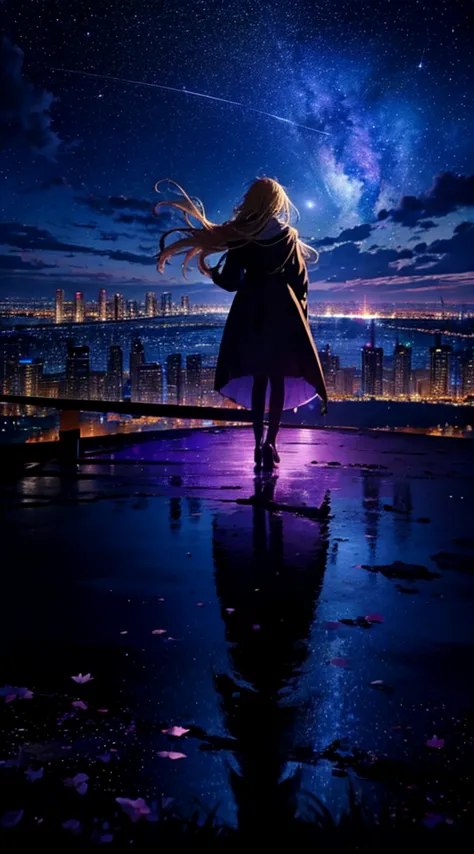 １people々々,blonde long-haired woman，long coat， dress silhouette， rear view，space sky, comet, anime style, dancing petals，night vi...