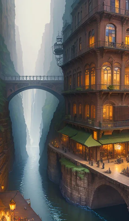 ((masterpiece)),((highest quality)),((high detail)),((realistic,))
Cities in the industrial era, deep canyon in the middle, architecture street, bazaar, bridge, Wet day, steampunk, European architecture