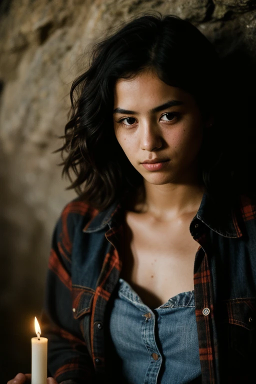 women pictures, (troubled expression), rough skin, I get goosebumps, blonde afro hair, Plaid flannel shirt and distressed boyfriend jeans, cowboy shot, A dark and mysterious cave with unique rock formations and hidden wonders, perfect eyes, (candle light,c...