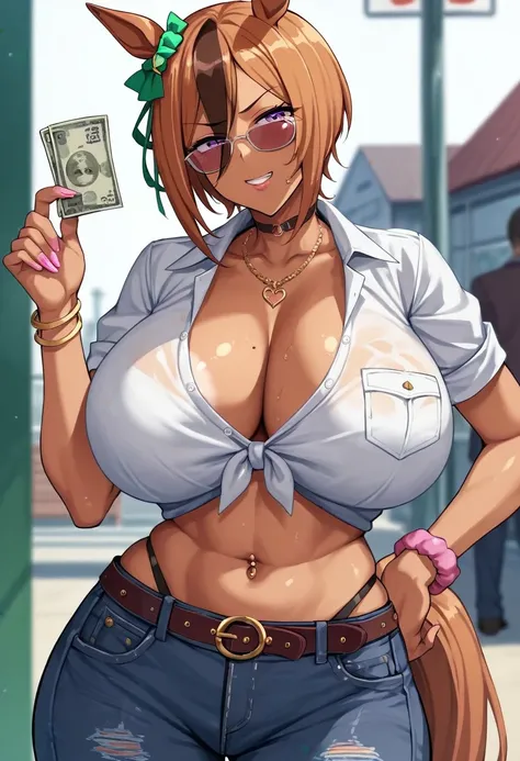 Score_9, score_8_up, score_7_up, score_6_up, score_5_up, score_4_up, source_anime, gyaru, solo, very dark skin,1girl, 40yo, whore, prostitute, Mature female, huge breasts, wide hips, thick thighs, upper body, mejiro mcqueen, umamusume, horse ears, horse ta...