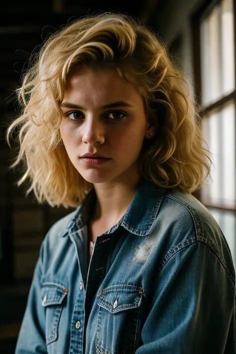 women pictures, (troubled expression), rough skin, I get goosebumps, blonde afro hair, Plaid flannel shirt and distressed boyfriend jeans, Unique indoor, perfect eyes, (chiaroscuro), 160 color holder, Taken with ARRI ALEXA 65, Bokeh, sharply focus on the s...