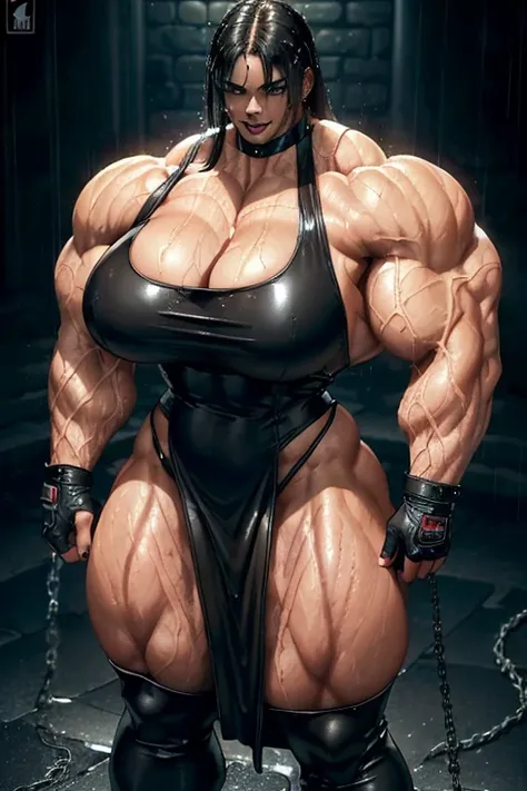 (((((Massive tall, beautiful, buff, wet, light brown skinned muscular woman with wet black hair, black lipstick, ginormous bulky muscles, and wearing a black leather maxi dress))))), close view, massive muscle, massive biceps, hyper muscle shoulders, (mass...