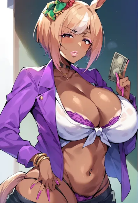 Score_9, score_8_up, score_7_up, score_6_up, score_5_up, score_4_up, source_anime, gyaru, solo, very dark skin,1girl, 40yo, whore, prostitute, Mature female, huge breasts, wide hips, thick thighs, upper body, mejiro mcqueen, umamusume, horse ears, horse ta...