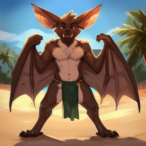 (masterpiece, best quality, detailed, 4k), solo, male (((bat))), ((feral anatomy)), ((animal anatomy)), beach, ((mature)), well-...