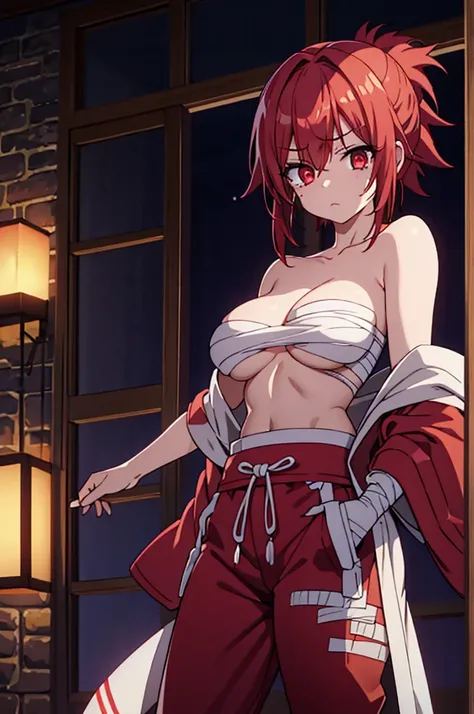 red scarlet hair, mature woman with some wrinkles, half naked on the top, wearing bandages that covers her breasts, sad expression with tears, samurai pants, red glowing eyes