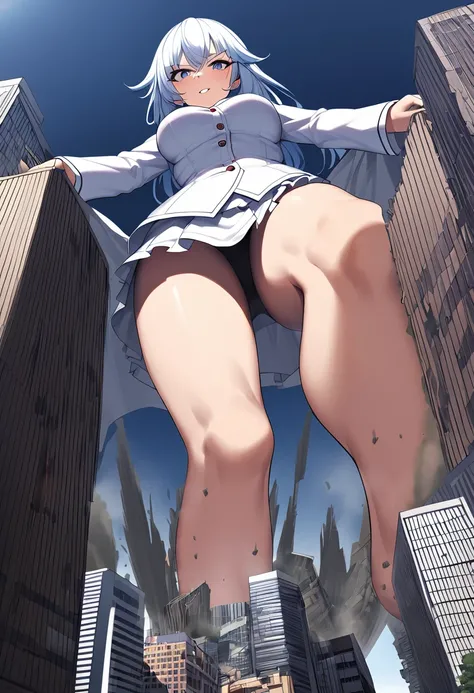 huge，Teenage girl，short skirt，teasing，A giant girl taller than a building，穿White过膝袜的，city-destroying，Miniature City，lifting one&#39;s feet，Ready to stampede，Toyed around，low angle of view，shrouded in the villain，White，arrogant
