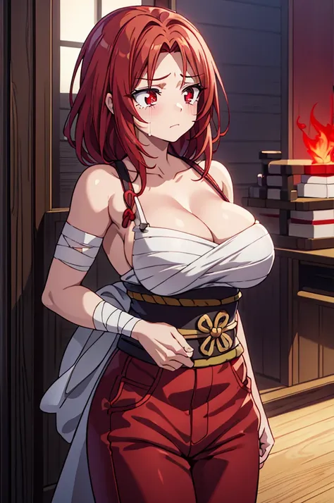 red scarlet hair, mature woman with wrinkles, strong arms, half naked on the top, wearing bandages that covers her breasts, sad expression with tears, samurai pants, red glowing eyes