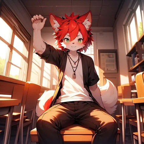 youth，Shota，red hair ，male， stand up， Masterpiece， high resolution，8K，Detailed background，high quality， boys，looking at the audience，perspective，View from the front，shorter pants，male焦点，Wolf&#39;s facial features，character boy，Wearing a necklace，Sit in the...