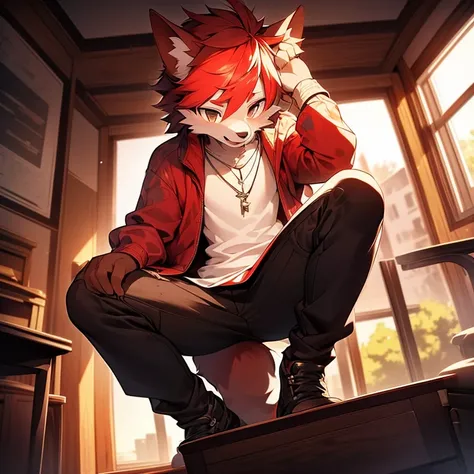 youth，Shota，red hair ，male， stand up， Masterpiece， high resolution，8K，Detailed background，high quality， boys，looking at the audience，perspective，View from the front，shorter pants，male焦点，Wolf&#39;s facial features，character boy，Wearing a necklace，Sit in the...