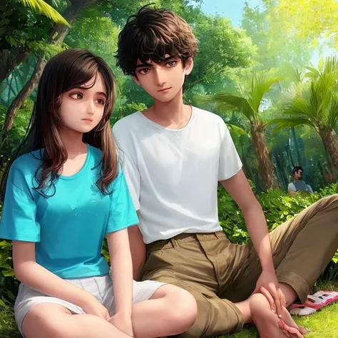 Generate this image.

* A 16-year-old boy and his best friend (a girl) sitting under a tree
* The boy is wearing a t-shirt with the name "Aditya"
* The girls name is "Taniya"
* The background should be a natural setting

[Generated Image Description: A ser...